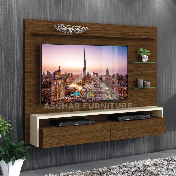 A floating wooden media console with a TV mounted on a wooden panel, two drawers, and glass shelves.