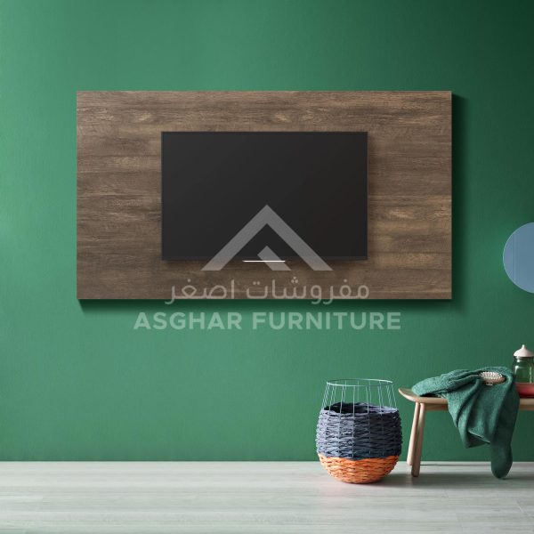 A minimalist wall-mounted wooden media console with a TV mounted on a wooden back panel.