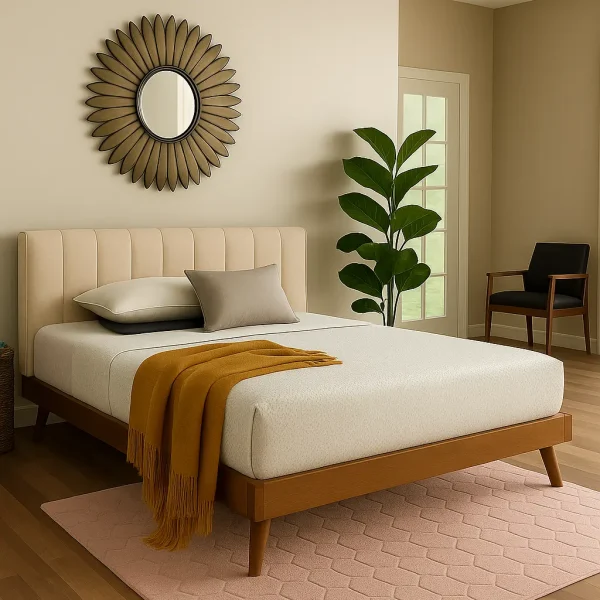A contemporary wooden bed frame with a beige channel-tufted headboard.