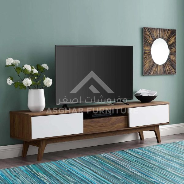 A retro wooden TV stand with two white drawers and a central open compartment.