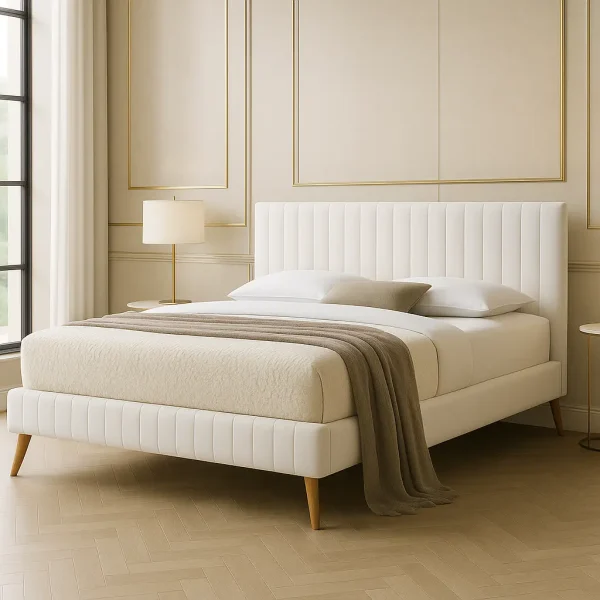 A luxurious white channel-tufted bed with a matching footboard and wooden legs, set in a bright room.