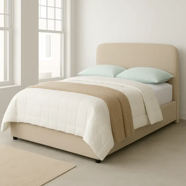 Modern beige upholstered bed with a rounded headboard and minimalist design.