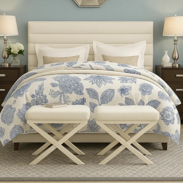 A contemporary cream upholstered bed with a plain panel headboard and a blue and white floral duvet.