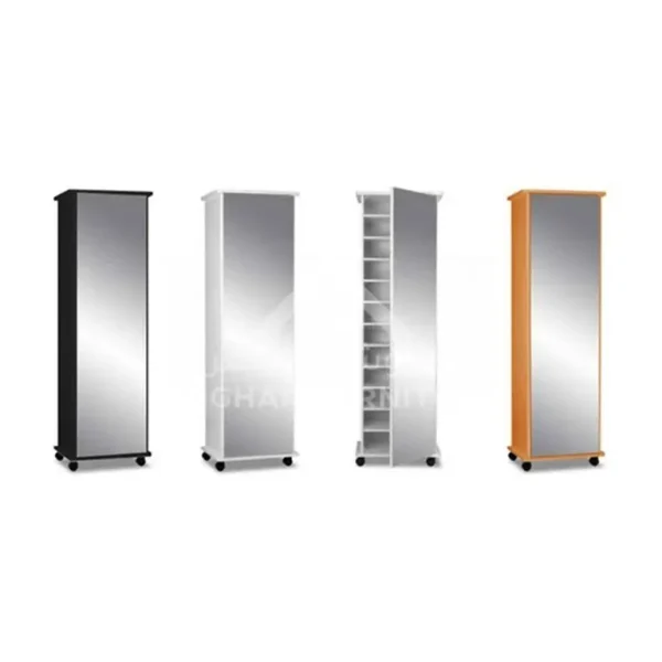 Four mirrored shoe cabinets in black, white, and brown. They each have an open view to show the multiple shelves inside.