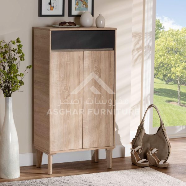 A contemporary light wooden shoe cabinet with two doors and a small storage shelf on top.