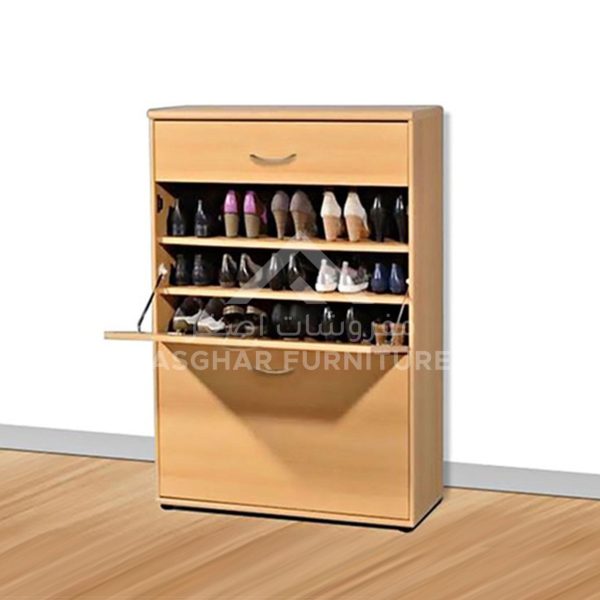 A contemporary light wooden shoe cabinet with two tilt-out shoe storage compartments and a drawer on top.