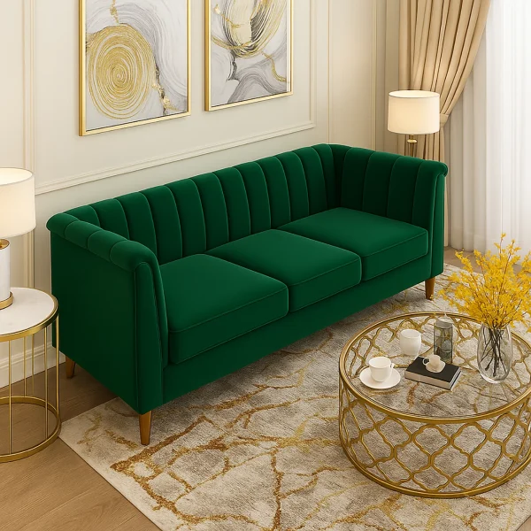 A vibrant green velvet sofa with a channel-tufted back, rolled arms, and sleek wooden legs.