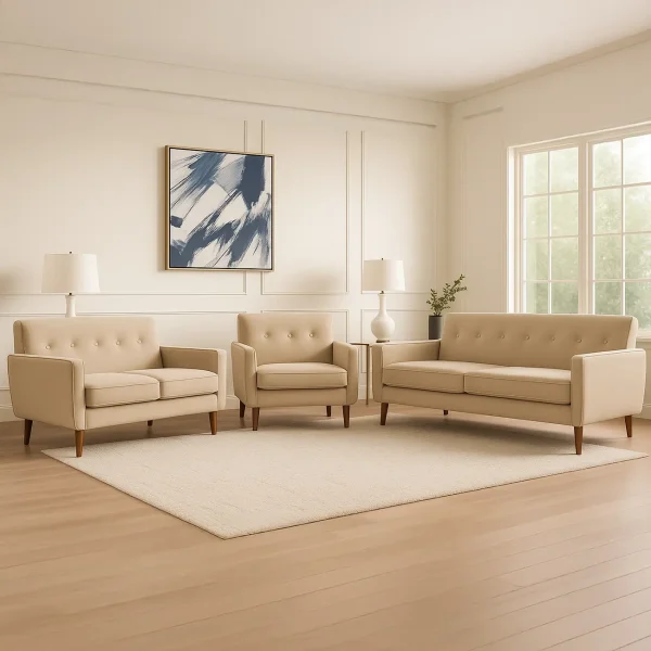 A modern three-piece living room set, including a loveseat, armchair, and sofa, all in a tan color.