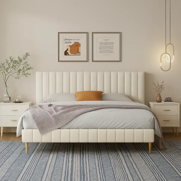 A white upholstered bed with a channel-tufted headboard, and a striped rug in blue and white.