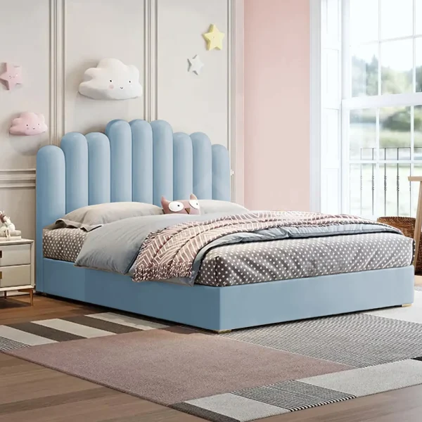 A luxurious brown leather upholstered bed with a square-tufted headboard.