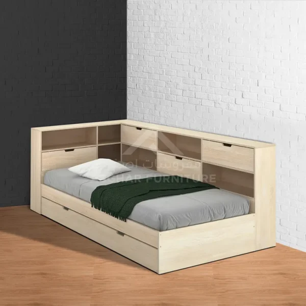 A versatile light wood daybed with a pull-out trundle bed, integrated headboard storage, and side drawers.