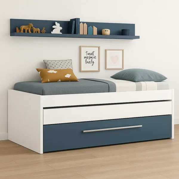 A child's modern daybed with a trundle drawer, white and blue accents, and a matching blue wall shelf.