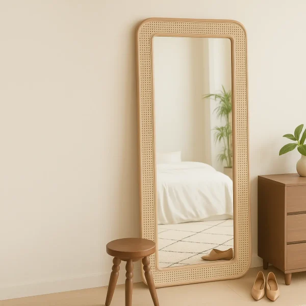 A large, natural rattan-framed mirror reflecting a bed, plant, and shoes in a chic, bright room.