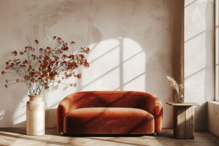 small orange color sofa in a vintage background