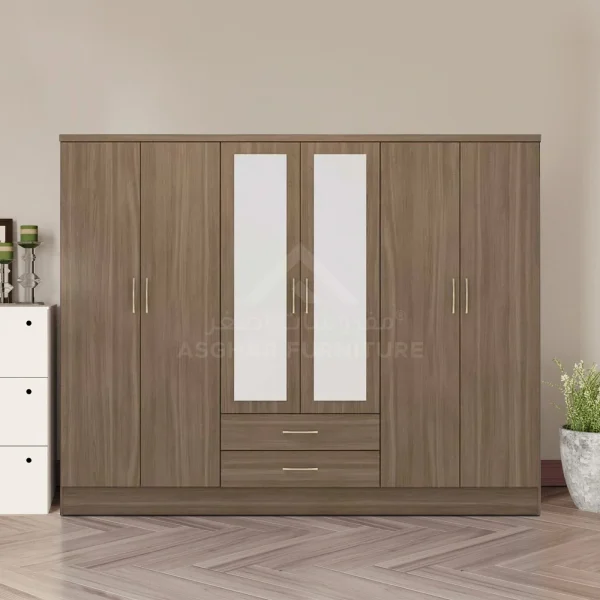 A wide, modern wood wardrobe with six doors, two mirrored doors, and two central drawers.