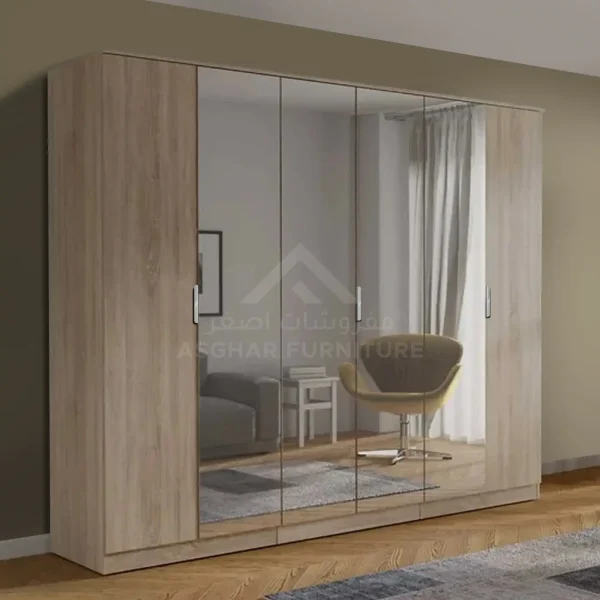 A spacious six-door wardrobe with a light wood finish, featuring three large mirrored doors in the center.