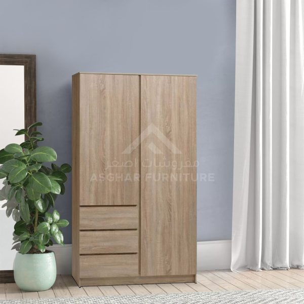 A two-door, light wood wardrobe with a long hanging space and three lower drawers on the left.