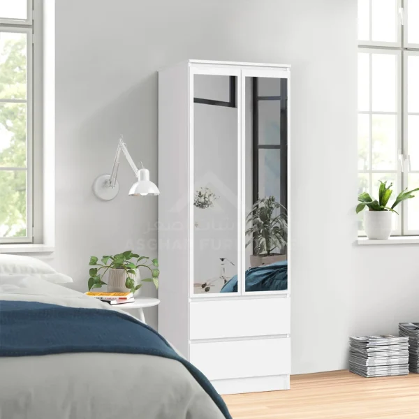 A simple white wardrobe with two mirrored sliding doors and two lower drawers.