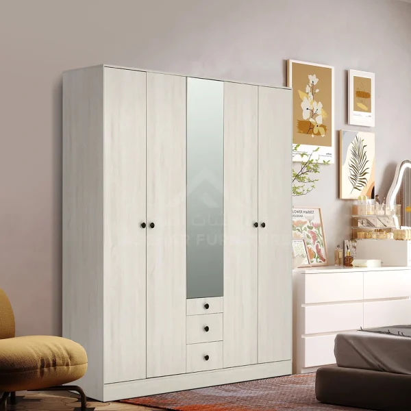 A spacious six-door wardrobe in a light wood finish, with a central mirror and three small drawers.