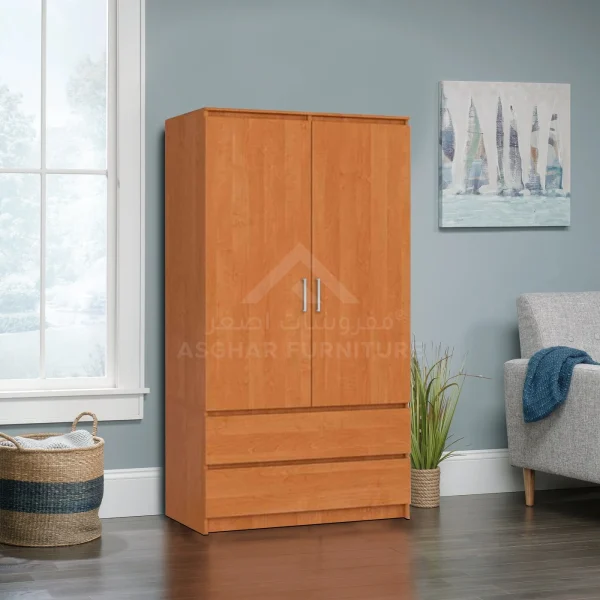 A classic light wood two-door wardrobe with two spacious bottom drawers and silver handles.