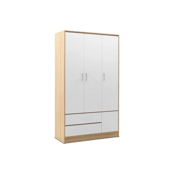 A light wood and white wardrobe with three doors and three drawers, featuring a simple, modern design.
