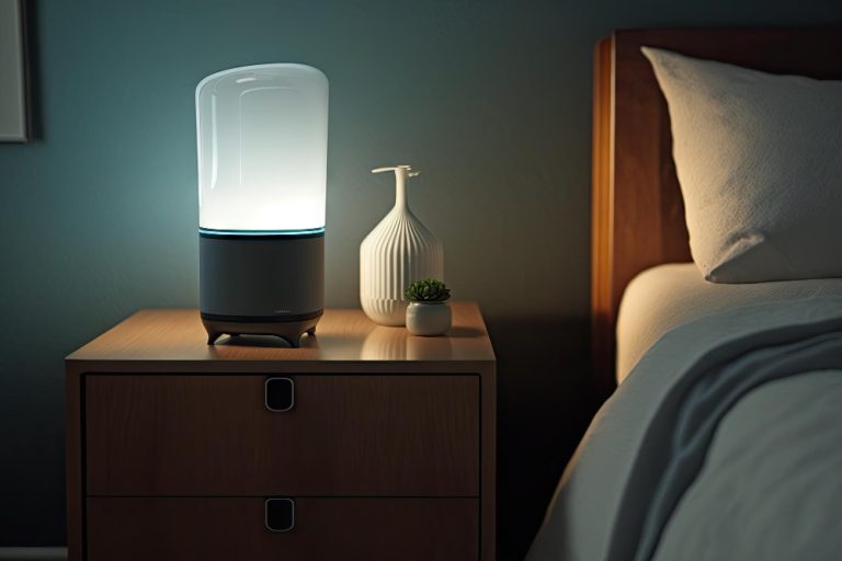 A bedside lamp illuminates a nightstand beside a neatly made bed in a cozy bedroom setting.