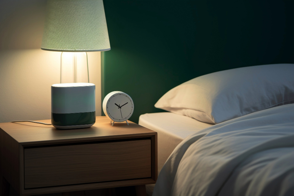 A nightstand featuring a clock and a lamp, creating a cozy and functional bedside setup.