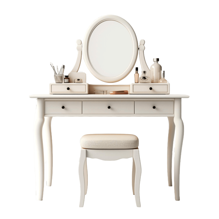 A white vanity featuring a mirror and a matching stool, elegantly arranged for a stylish dressing area.