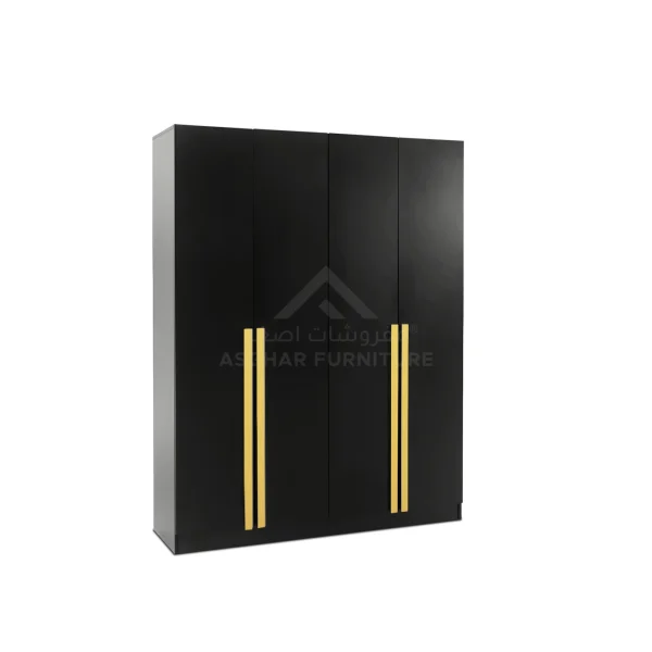 Modern black four-door wardrobe with striking gold vertical handles