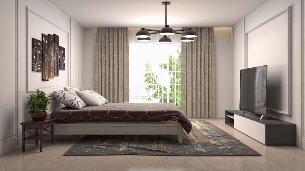 A contemporary bedroom featuring a spacious bed and a flat-screen television on the wall.