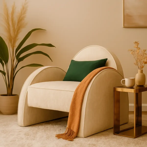 A stunning Art Deco-inspired cream armchair with a deep green cushion, an orange throw, and pampas grass.