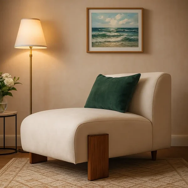 A sophisticated off-white lounge chair with wooden accents, a green cushion, and a serene ocean painting.
