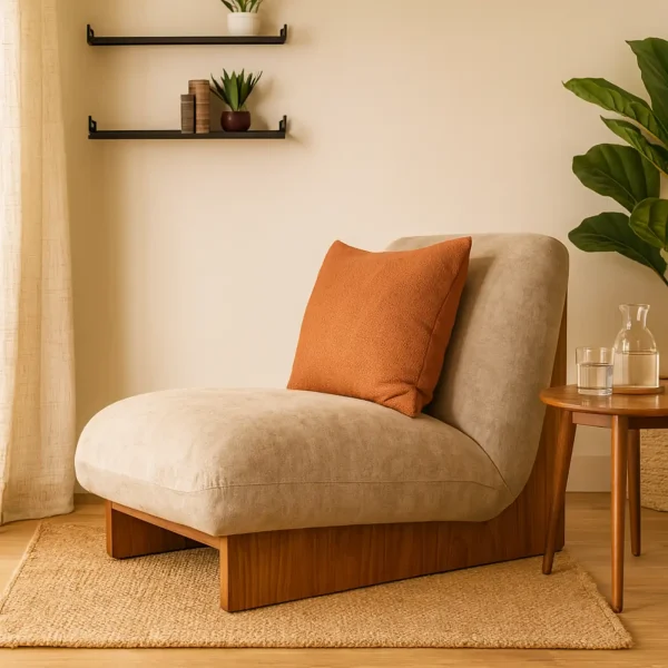 A sleek beige mid-century modern lounge chair with a warm wooden base, an orange cushion, and decor.