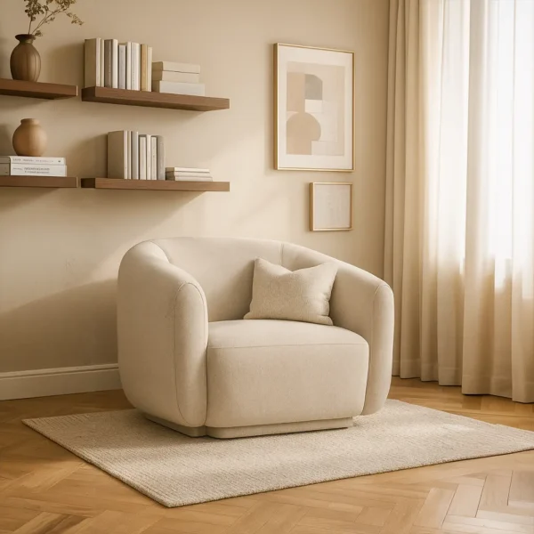 A stylish, rounded cream upholstered accent chair with a low profile and a matching throw pillow.