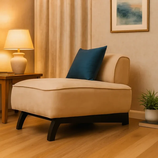 Chic beige armless accent chair with a striking blue pillow, offering a modern and inviting seating option.