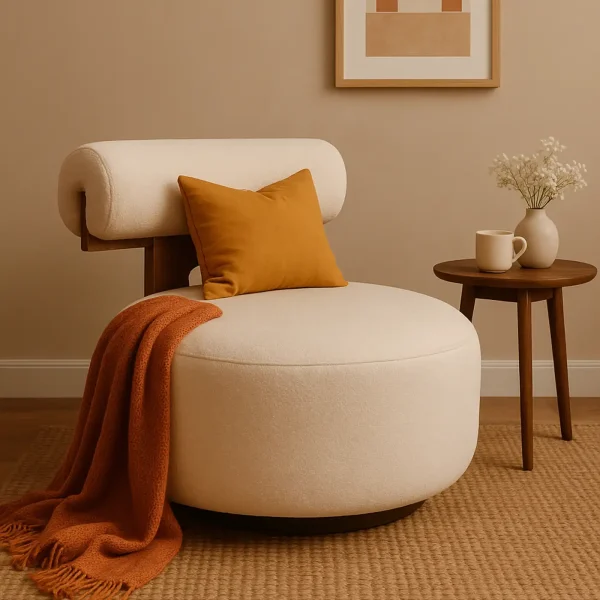 A unique cream barrel chair with a curved backrest, a golden cushion, and a cozy rust-colored throw.