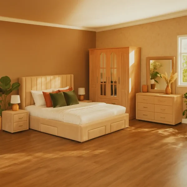 Complete light wooden bedroom suite: upholstered bed, wardrobe, dresser, bedside tables.