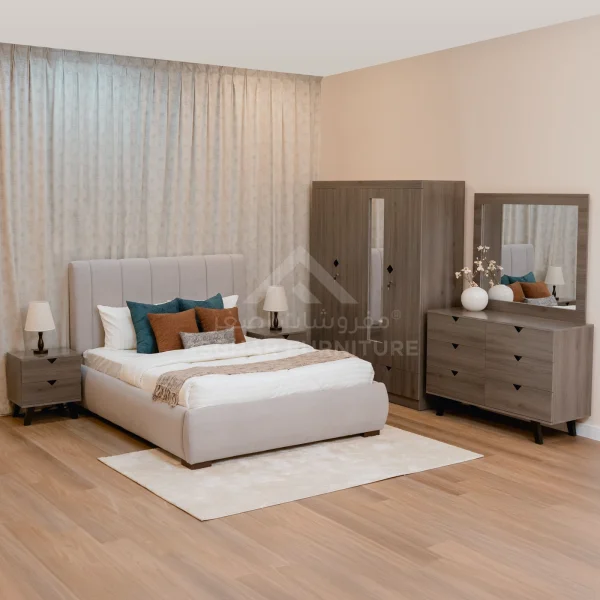 Modern grey upholstered bedroom set with matching nightstands, a wooden wardrobe with mirror, and a dresser.