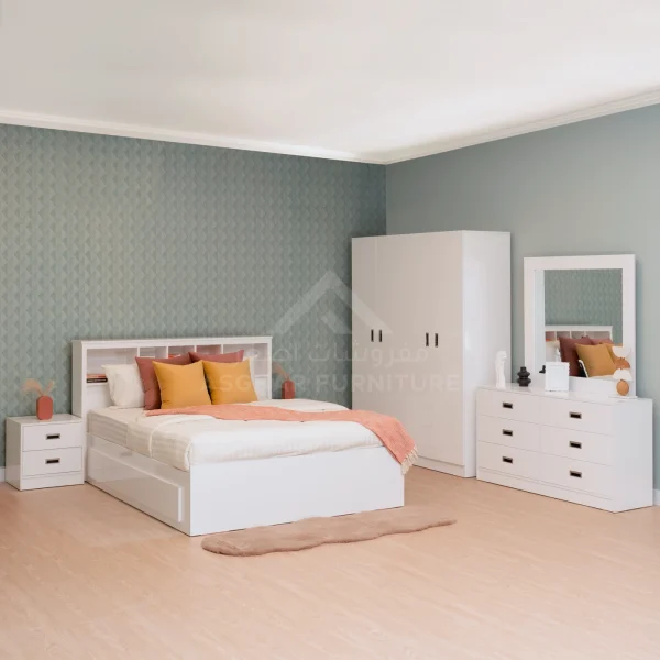 Modern white bedroom set: storage bed, nightstands, wardrobe, dresser.