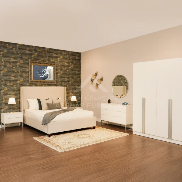 Upholstered bed, white dresser, wardrobe, and nightstands for a Dubai bedroom
