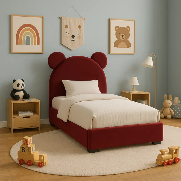 Stylish children's bed with bear-eared headboard in a contemporary bedroom setting