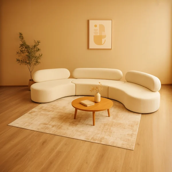 A cream curved sectional sofa with a round wooden coffee table and abstract art in a minimalist room.