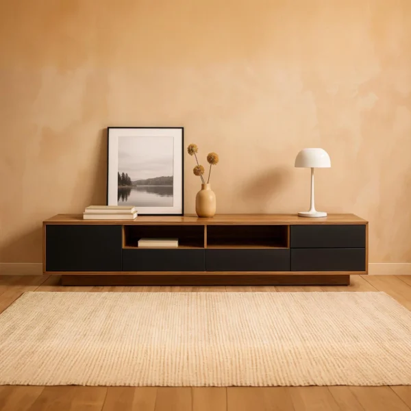 A wooden media console with black drawers and open shelves, topped with a framed print, vase, and lamp.