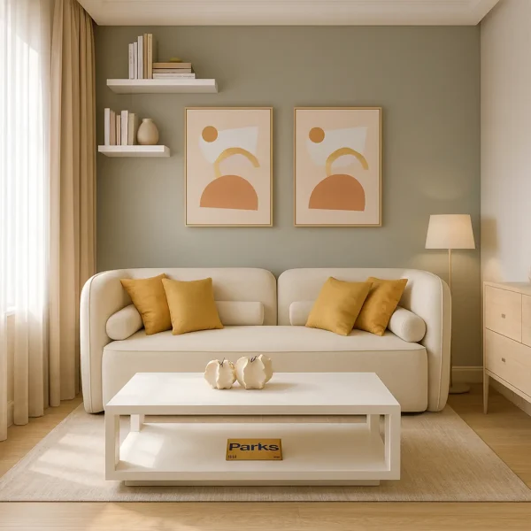 A beige sofa with yellow pillows, a white coffee table, and abstract art in a contemporary living room.