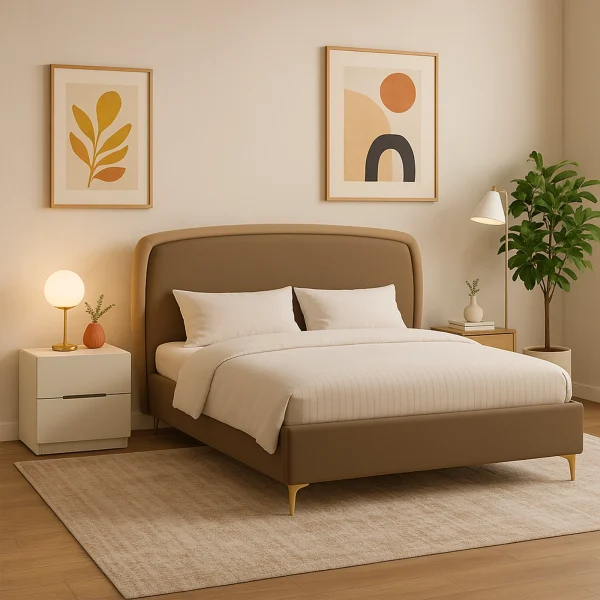 Modern two-tone upholstered bed with a curved brown and wood headboard, flanked by white nightstands.