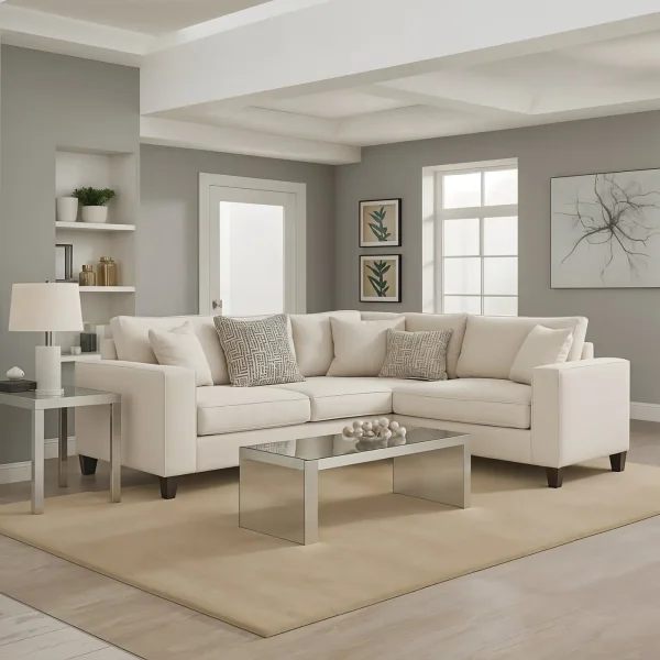 A bright living room with a cream sectional sofa, a mirrored coffee table, and various wall decor.