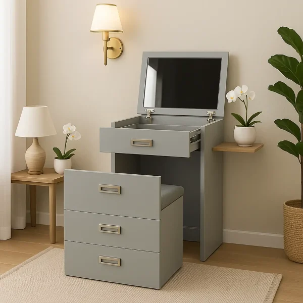 A gray vanity with an open mirror and drawer, a matching stool, and a wooden side table with a lamp.