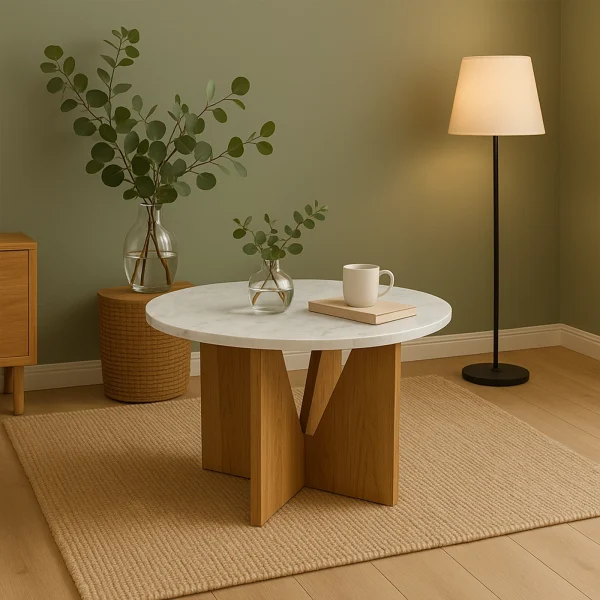 Stylish marble-top coffee table with a unique wooden base, set in a modern Dubai interior.