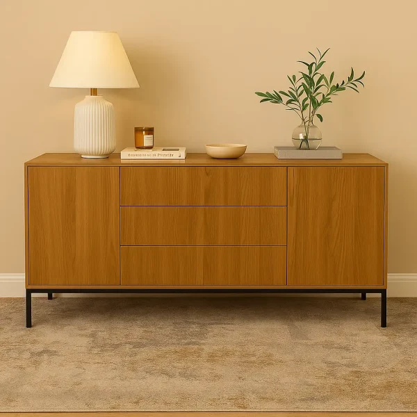 Contemporary light wood sideboard on a sleek black metal base.