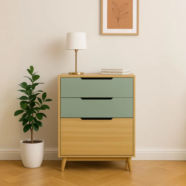 A stylish wooden dresser with two light green drawers and one wooden drawer, topped with a lamp.